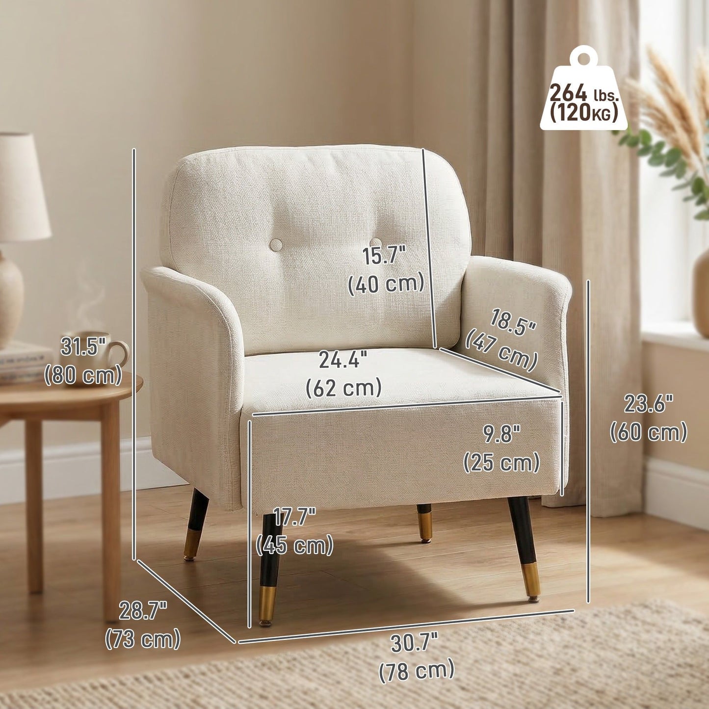 Tufted Accent Chair with Metal Legs - Cream White