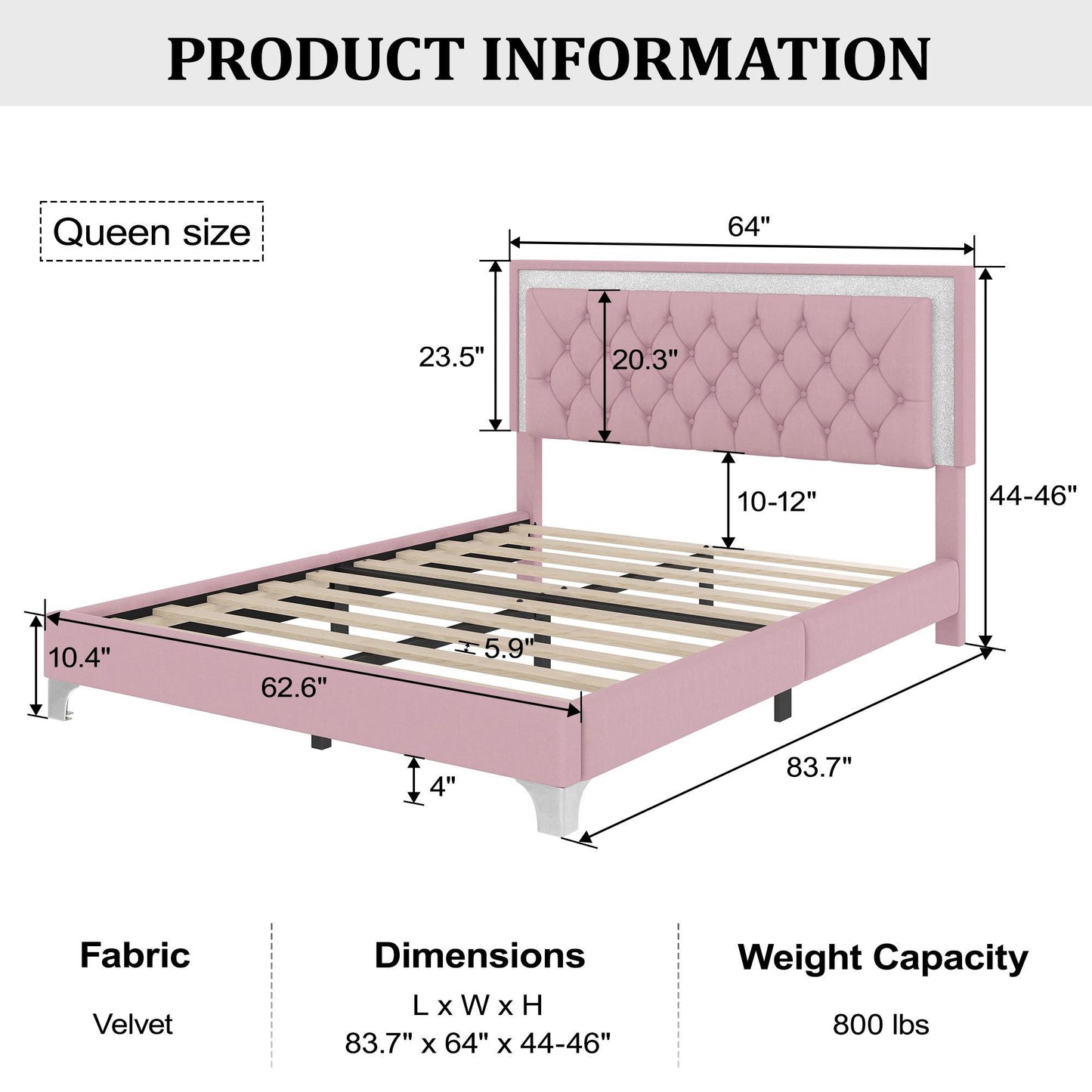 Queen Size Upholstered Bed Frame with LED Lights, Modern Velvet Platform Bed with Tufted Headboard, 84" L x 64" W x 44.5" H, Pink