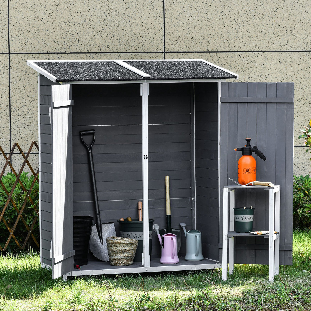 54.75''x29.5''x63'' Garden Storage Shed Asphalt Roof Wooden Timber Double Door Utility Storage House w/ Movable Shelf & Fixed Fittings
