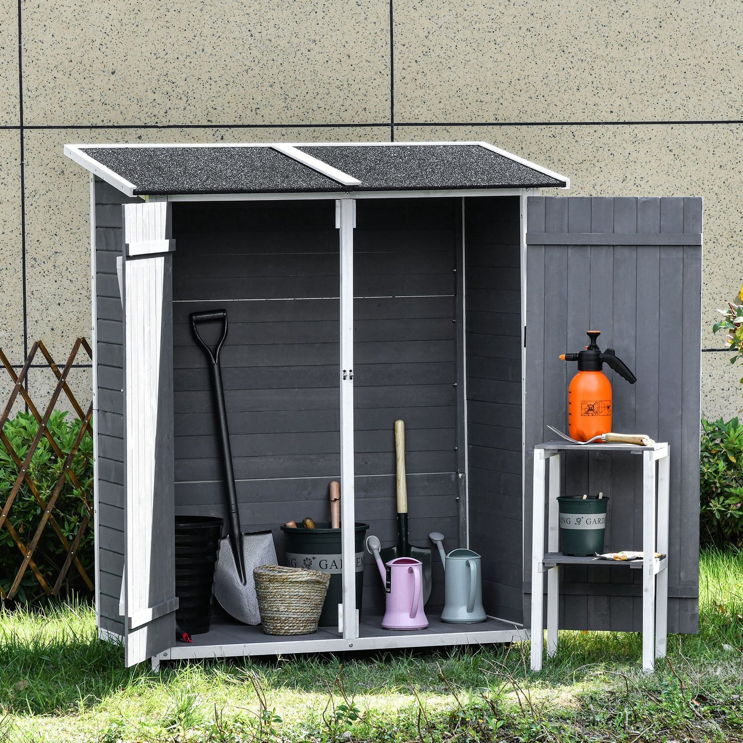 54.75''x29.5''x63'' Garden Storage Shed Asphalt Roof Wooden Timber Double Door Utility Storage House w/ Movable Shelf & Fixed Fittings