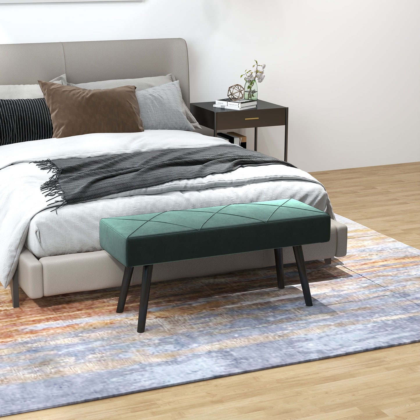 39 Inches Upholstered Bedroom Bench, Modern End of Bed Bench with Steel Legs, Green