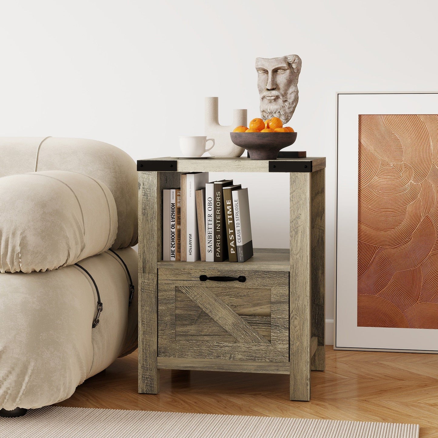 Farmhouse End Table with Drawer and Shelf - Grey