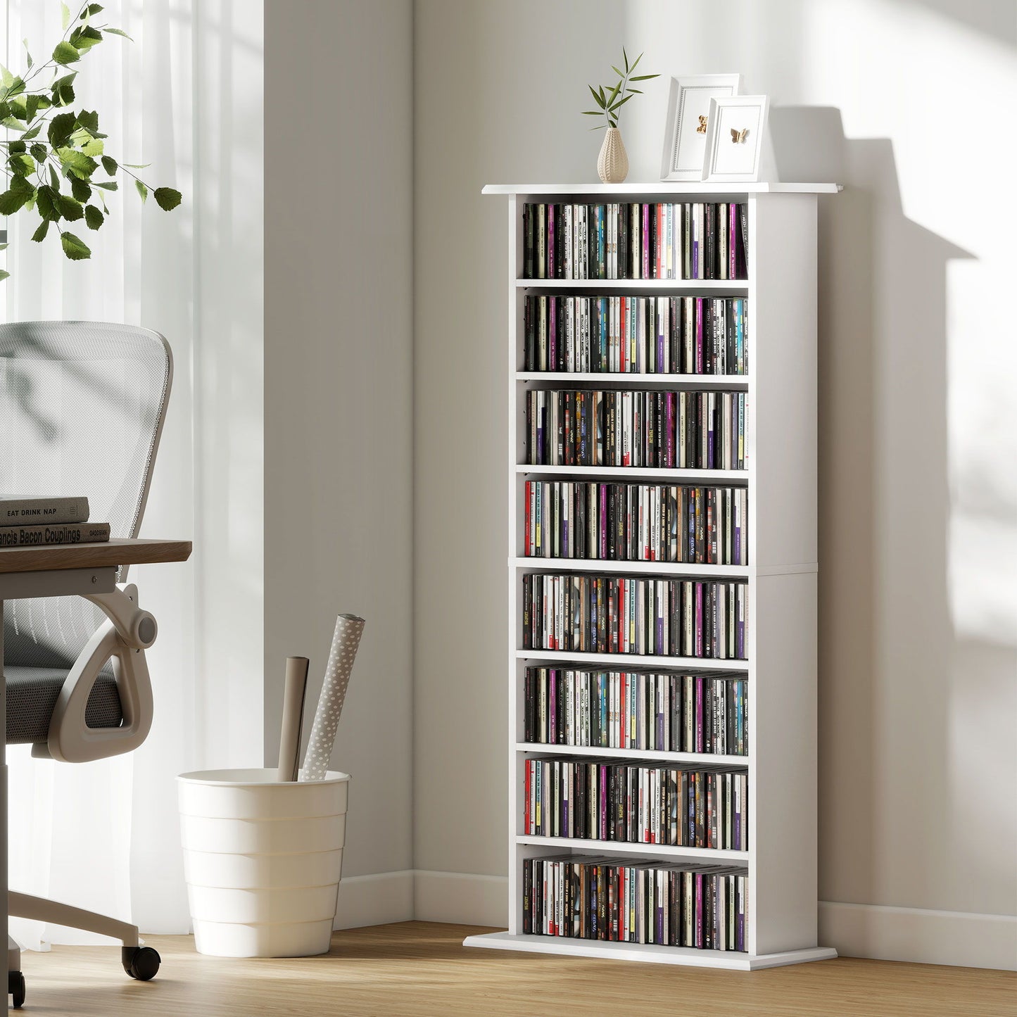 8-Tier DVD Shelf with 6 Adjustable Shelves, Slim CD Shelf, Holds 360 CDs, 185 DVDs or 185 Blu-rays, White