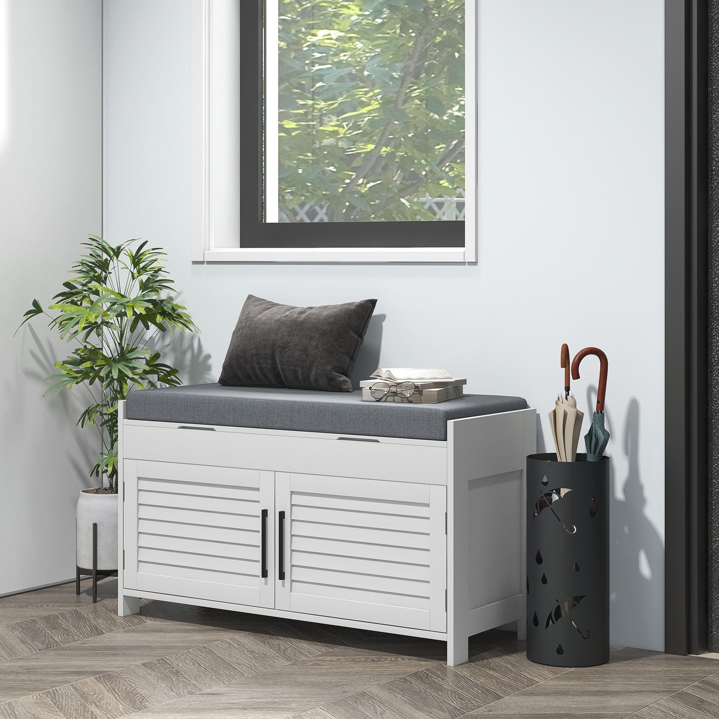 Entryway Bench with Cushion, Hidden Storage, Adjustable Shelves and Shutter Doors, 35.4" Shoe Bench, White