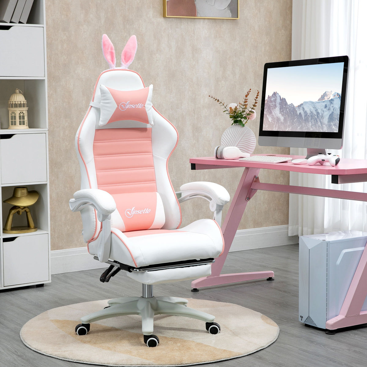 Cute Racing Gamer Chair, PU Leather Gaming Chair with Footrest, Headrest and Lumbar Support, Pink