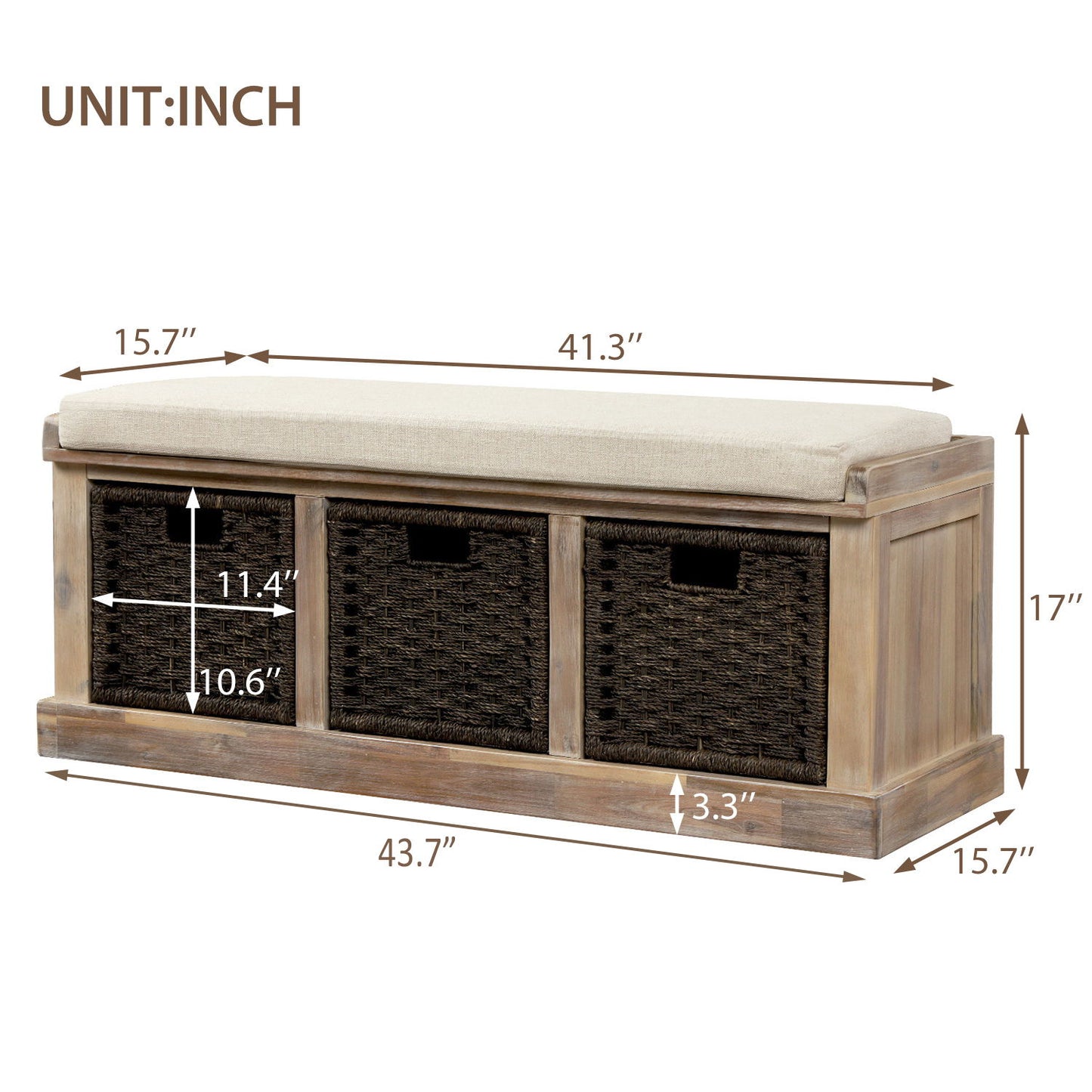 Rustic Storage Bench with 3 Rattan Baskets, No Assembly Required, Entryway Bench with Removable Cushion, 44" L x 16" W x 17" H, Natural