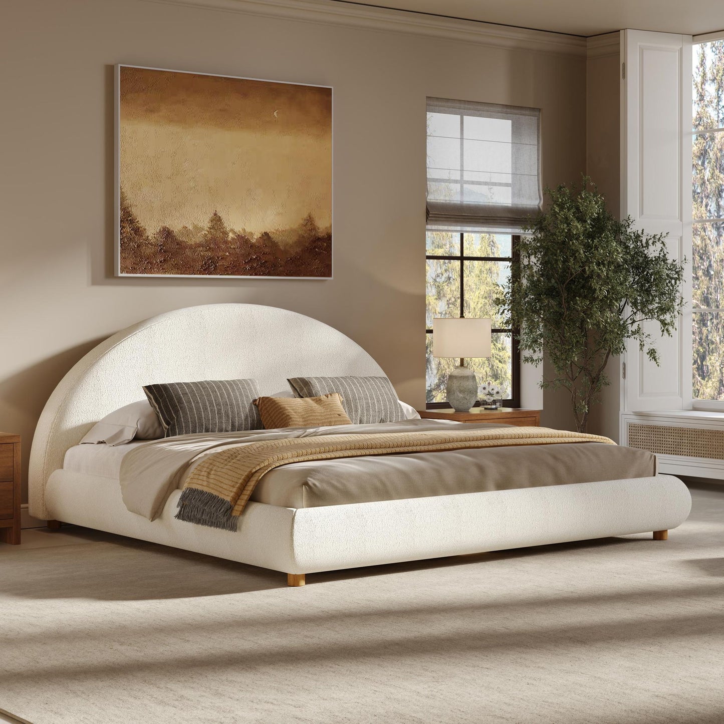 King Size Platform Bed with Integrated Mattress Retainer, Boucle Fabric, Solid Bedboard with Low-Profile Frame, 86.5'' L x 80'' W x 41'' H, White