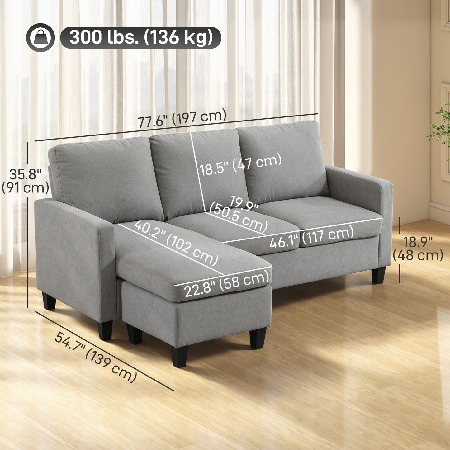 Leslie L-Shape Sofa with Ottoman- Light Grey