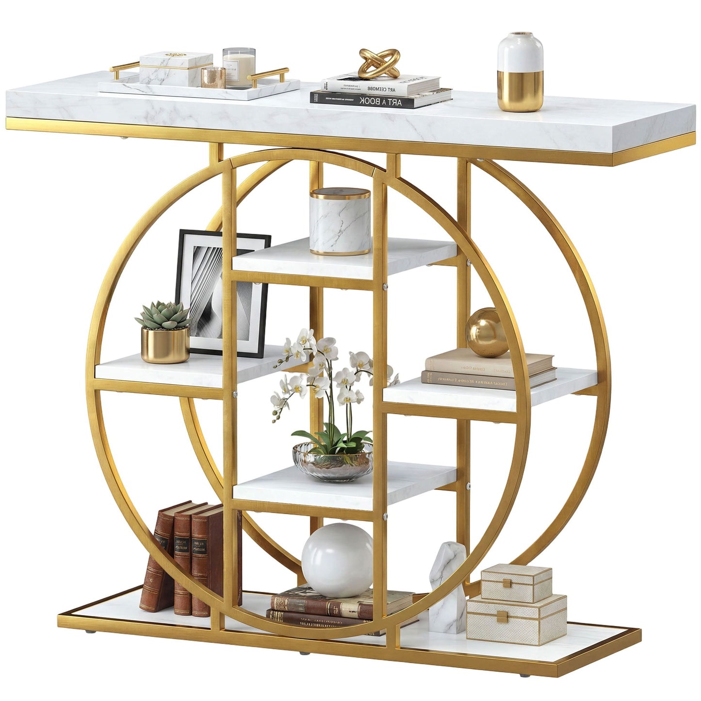39.4" Console Table with Storage Shelves, Industrial Sofa Table for Living Room, Hallway, White Marble Effect