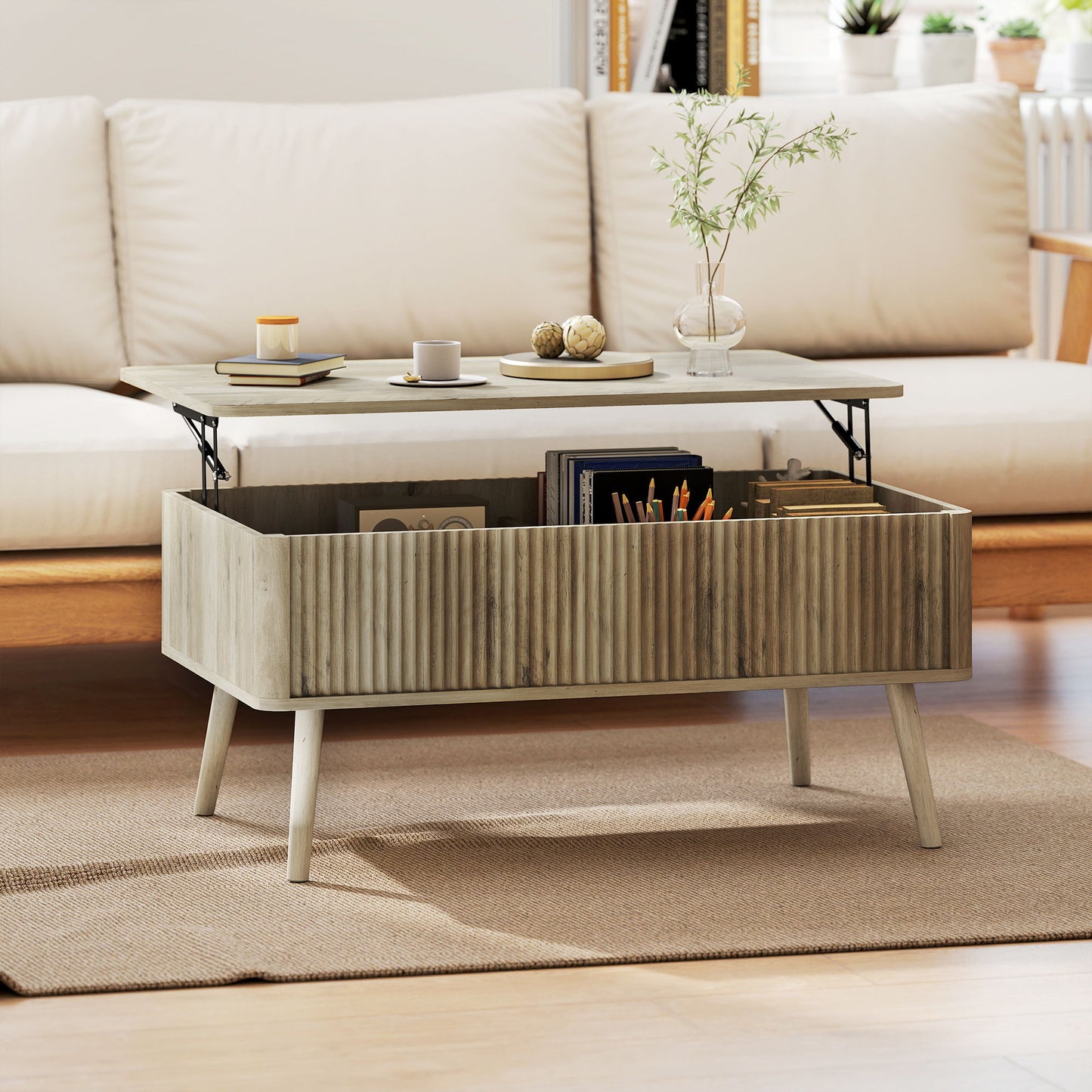 Lift Top Coffee Table with Storage, Center Table with Hidden Compartments and Pine Wood Legs for Living Room, Oak