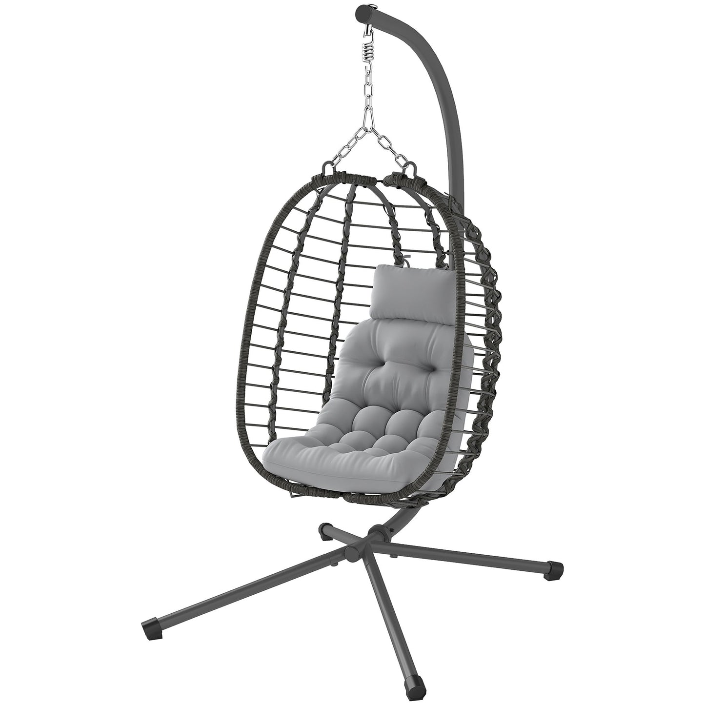 Hanging Egg Chair with Stand, Foldable Wicker Rattan Swing Chair with Thick Cushion, Headrest, Light Grey