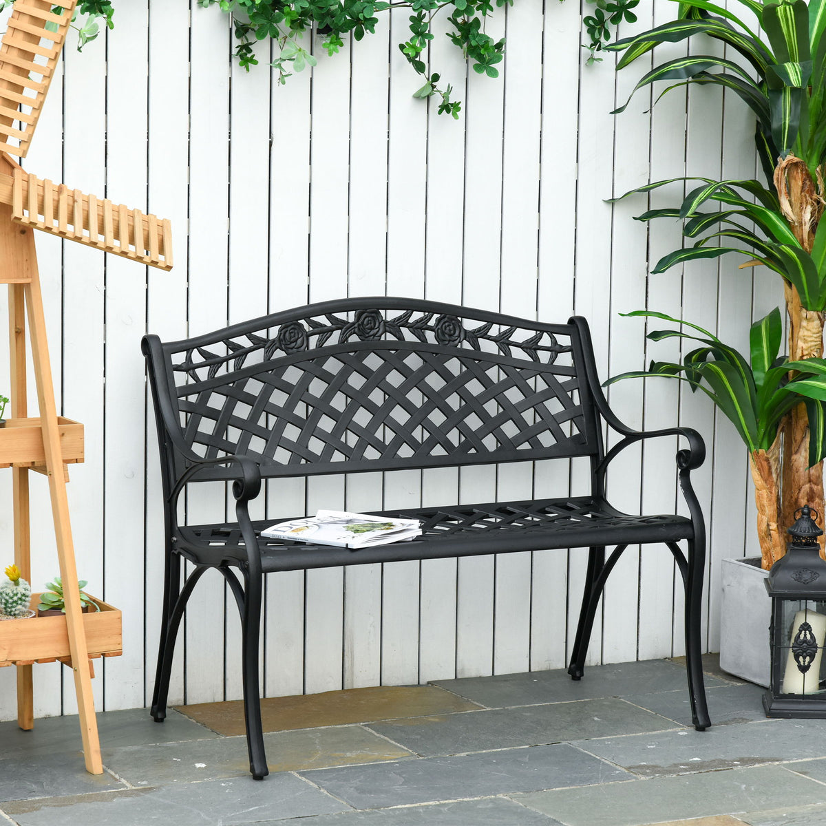 Outdoor Garden Bench, 40" Patio Bench with Aluminum Frame and Armrests, 2-Person Patio Loveseat with Floral Pattern for Park, Porch, Yard, Lawn, 485 LBS Capacity