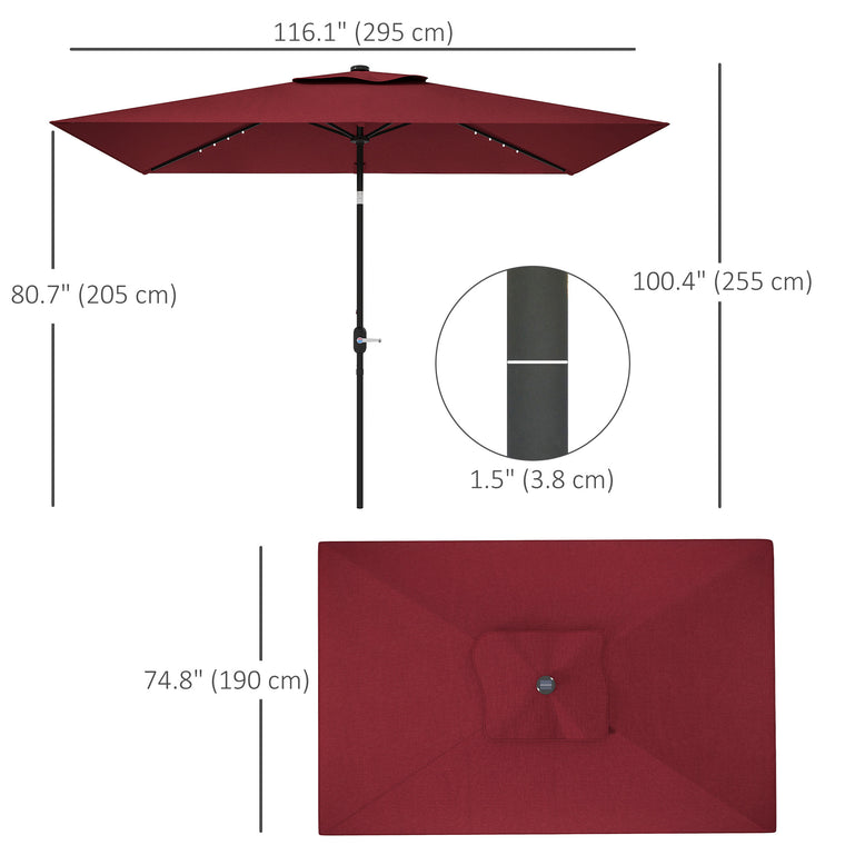 6' x 10' Wine Red Rectangular Umbrella with 22 LED Solar Lights