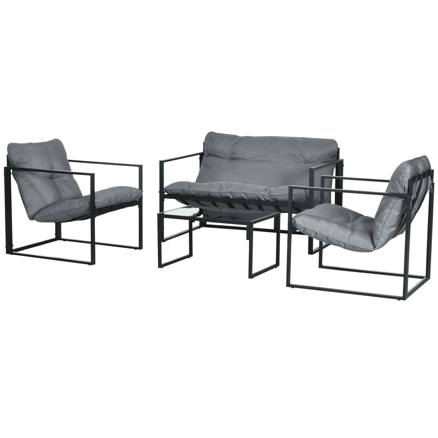 4 Piece Outdoor Furniture Set, Patio Conversation Set with Tempered Glass Table, Loveseat, 2 Chairs and Cushions, Grey