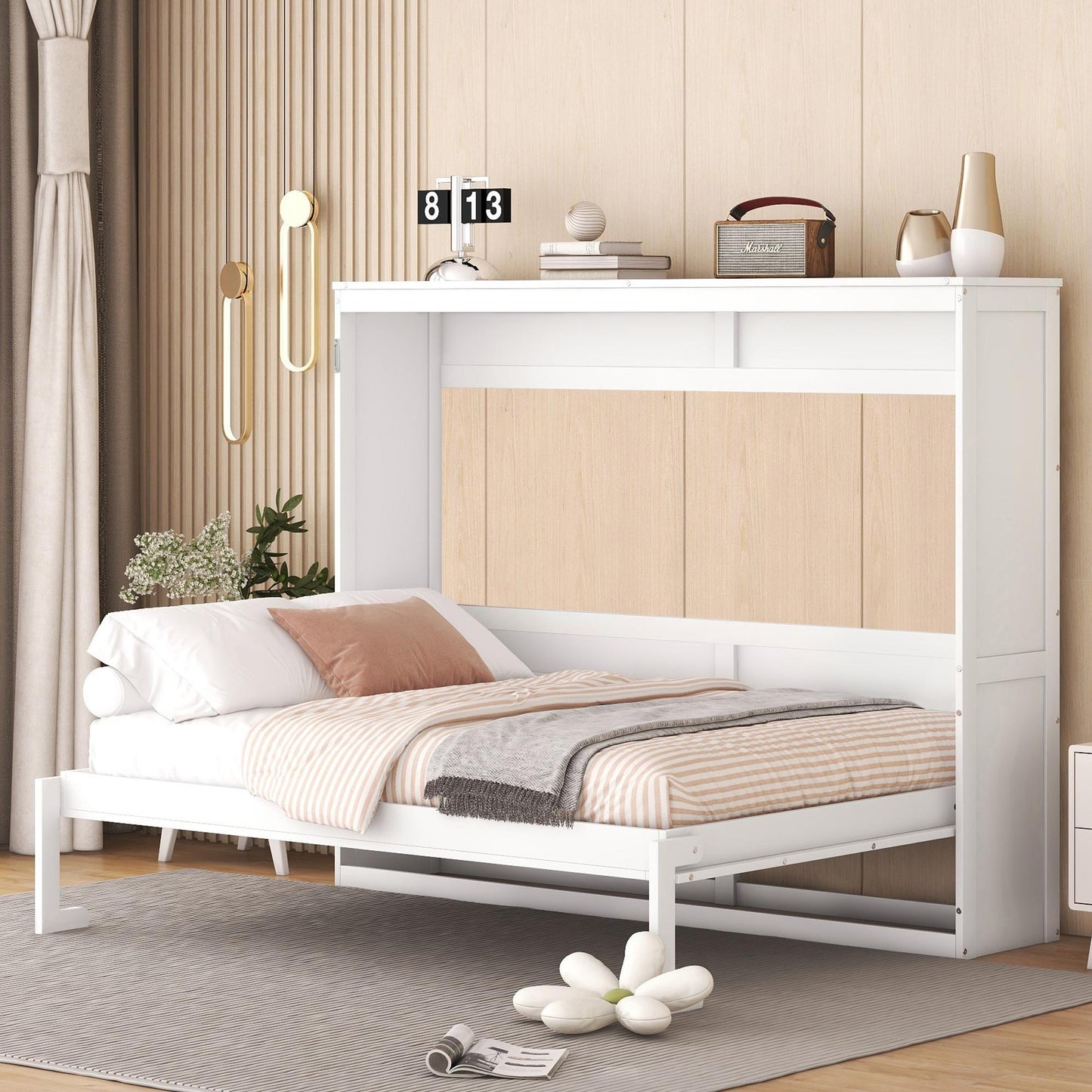 Full Size Murphy Wall Bed with Dual-Piston Folding Mechanism, Fold-Away Cabinet with Slatted Mattress, 77.5'' L x 61.5'' W x 62'' H, White