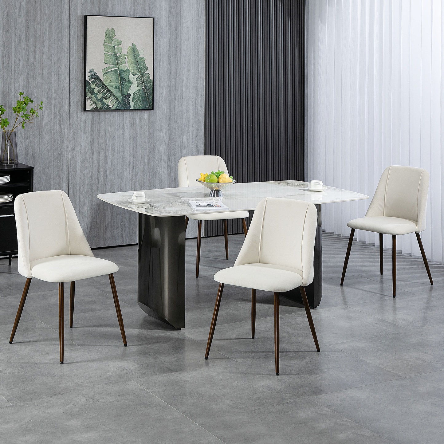 Upholstered Dining Chairs Set of 4, Velvet Accent Chair with Back and Wood-grain Steel Leg for Kitchen, Cream White