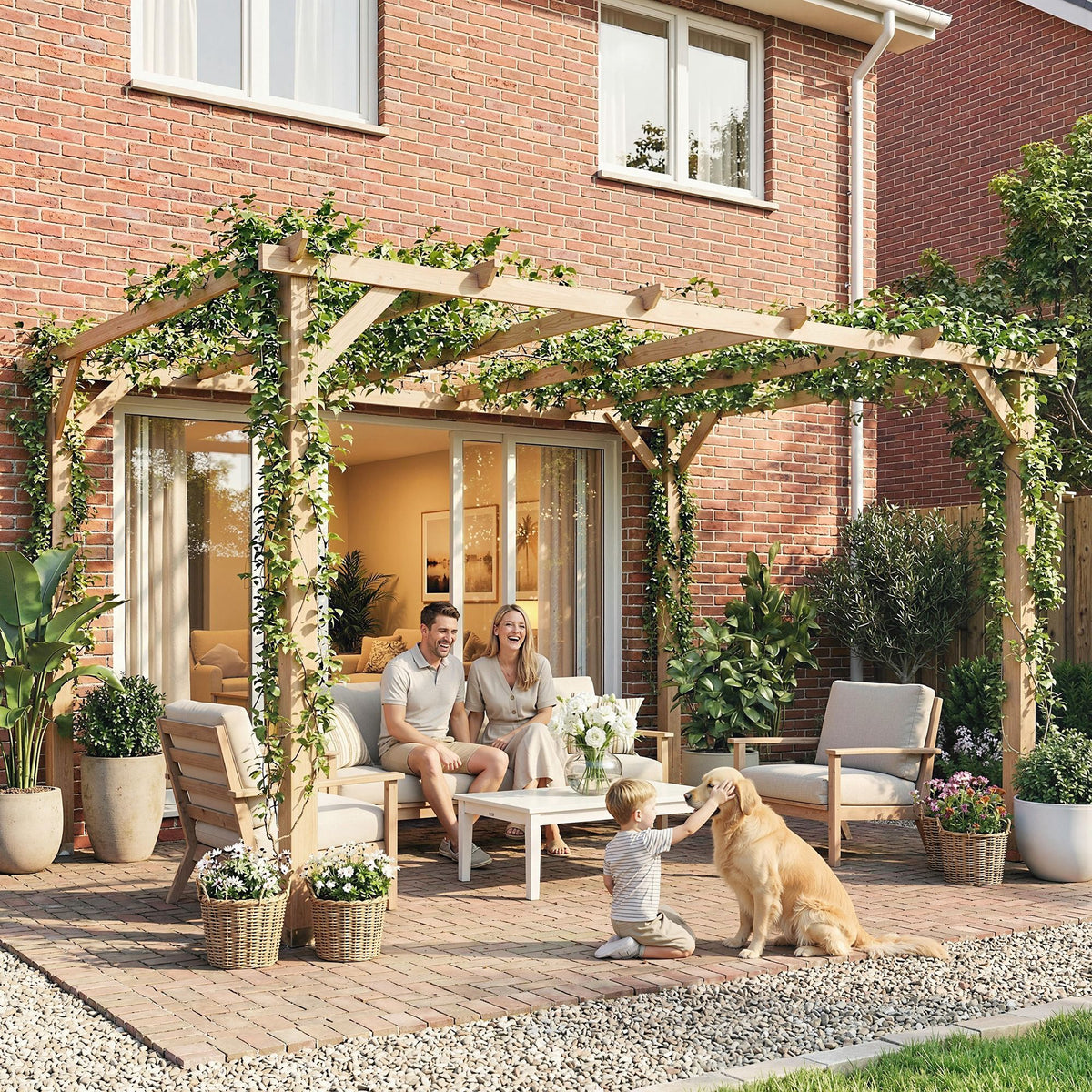 10' x 13' Wooden Pergola, Outdoor Pergola Gazebo Grape Trellis with Triangle Supports, Concrete Anchors, Nature Wood