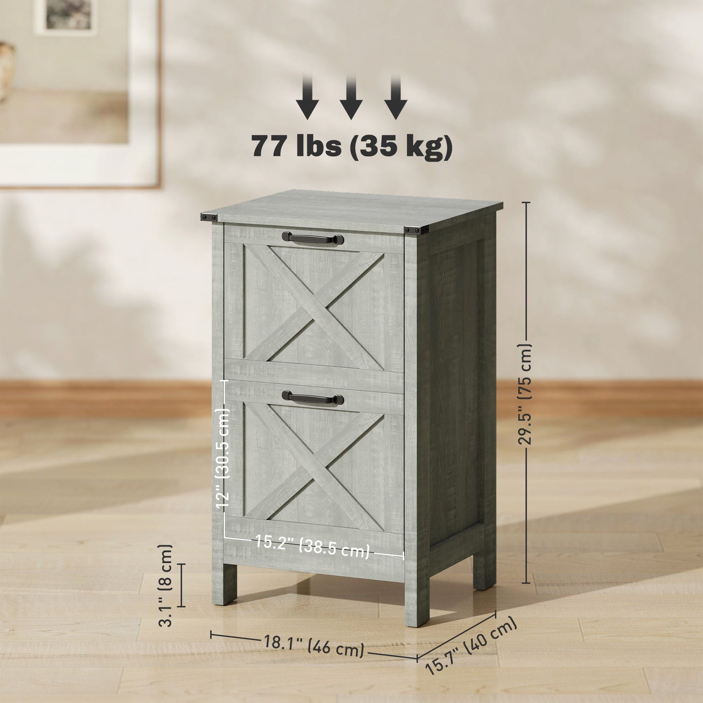 Vertical Filing Cabinet with 2 Drawers, Rustic Farmhouse Office Storage Cabinet for A4, Letter Size, Stone Grey