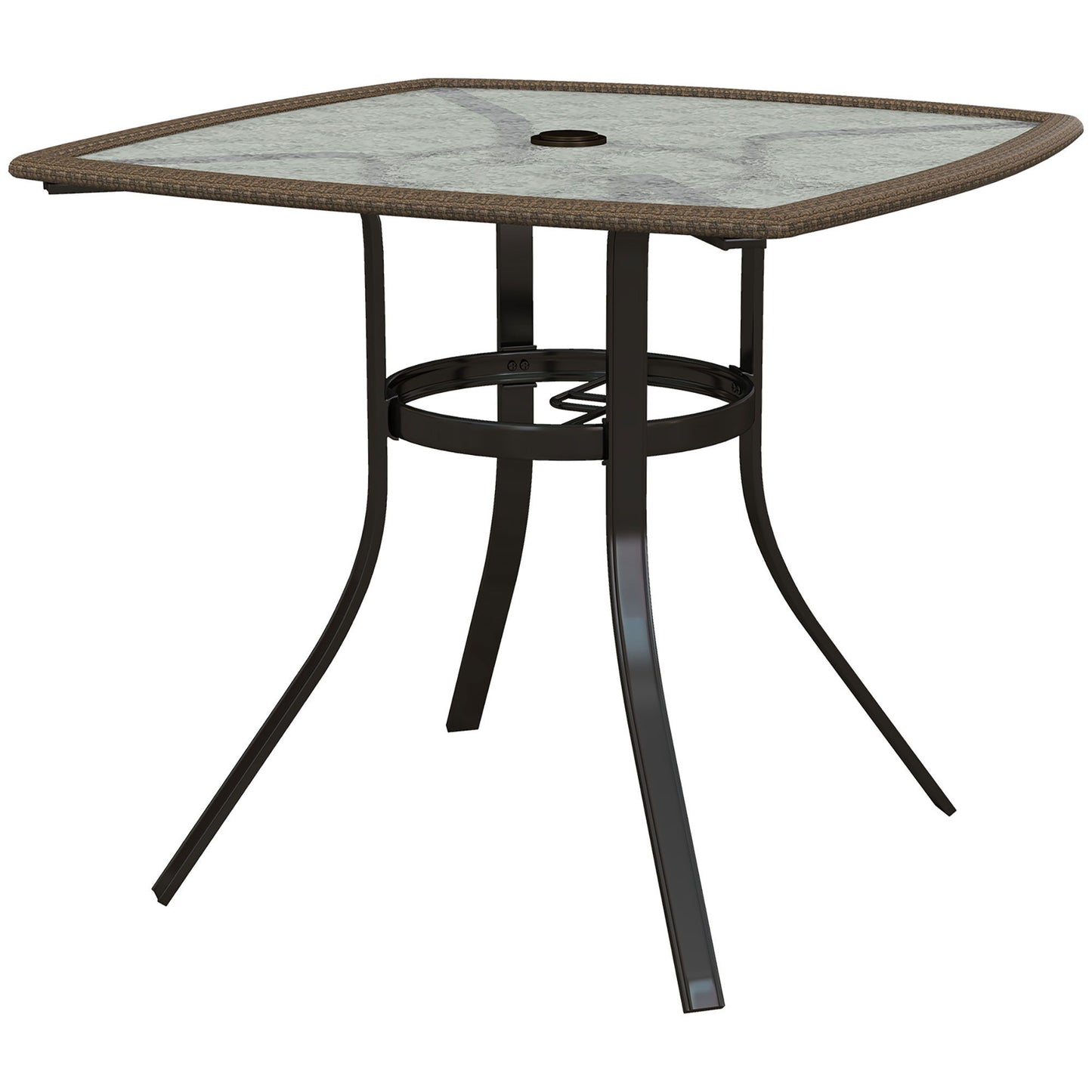 34" Square Outdoor Dining Table, Patio Table with Umbrella Hole, Water-Grain Glass Top Coffee Table for Balcony, Poolside, Dark Brown