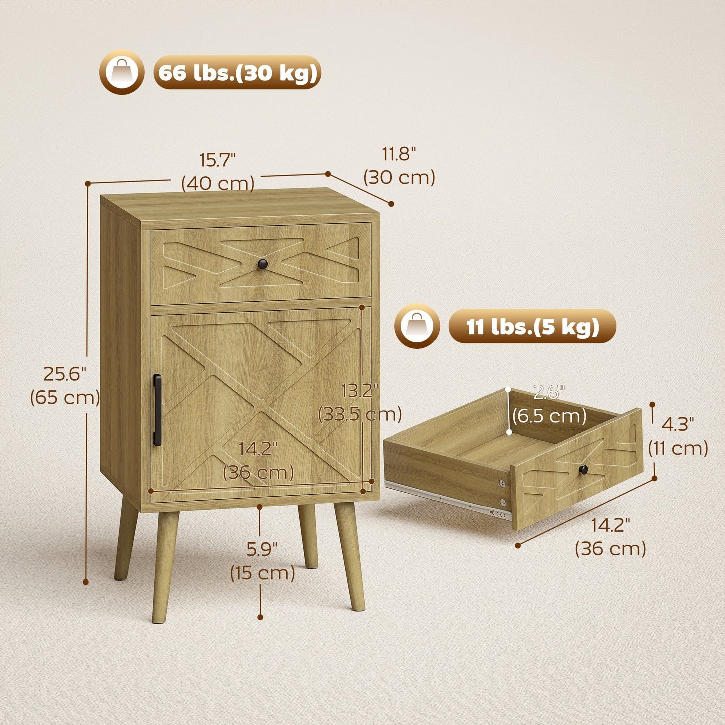 Nightstand Set of 2 with Drawer and Cabinet - Oak