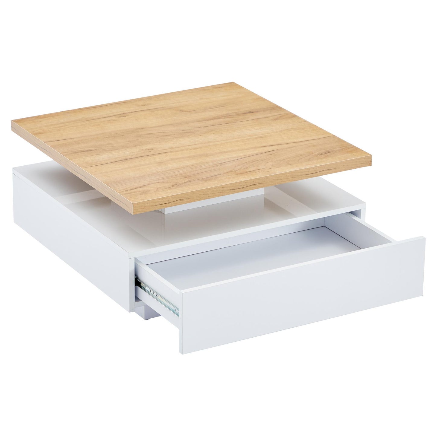 Square Rotating Coffee Table with Double-Layer Storage, Multi-Use Center Table for Living Area, 27.5'' L x 27.5'' W x 14'' H, White+Oak