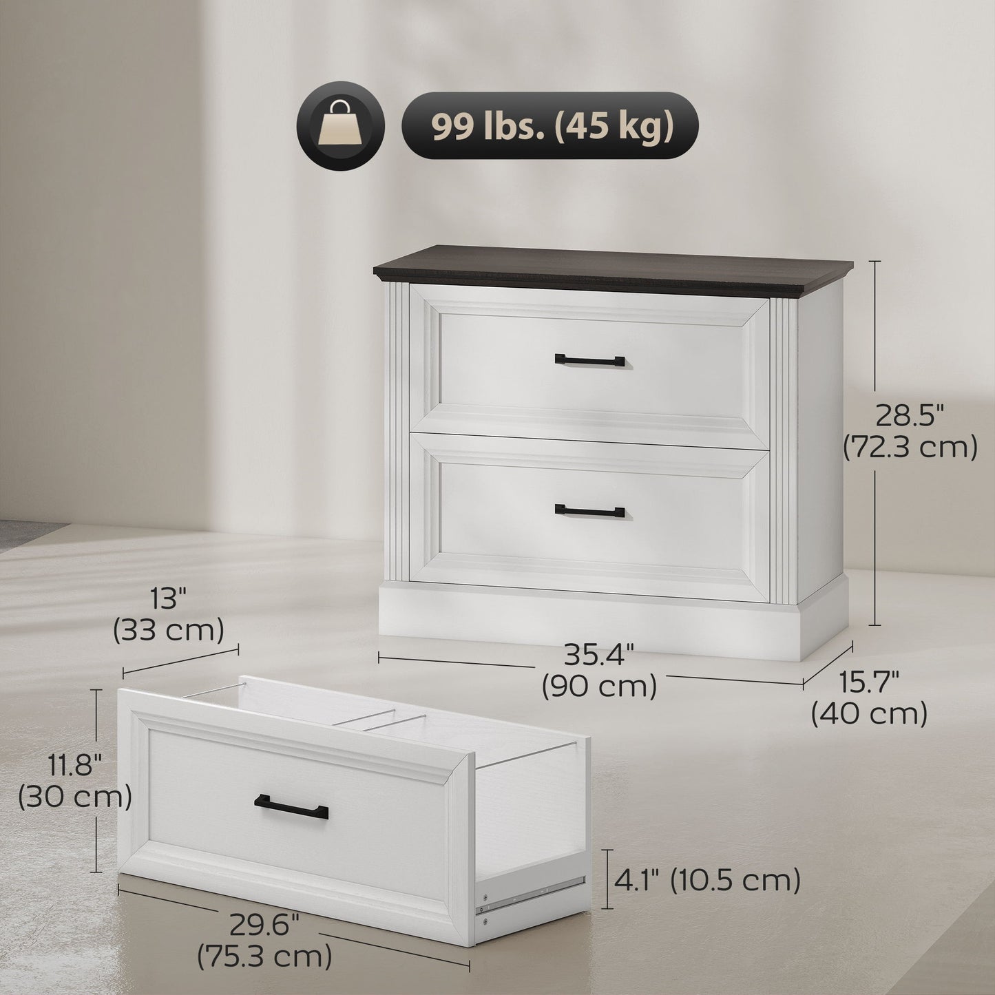 Lateral Filing Cabinet, Farmhouse File Cabinet with 2 Silent Drawers for Letter/A4/Legal Size Files, White