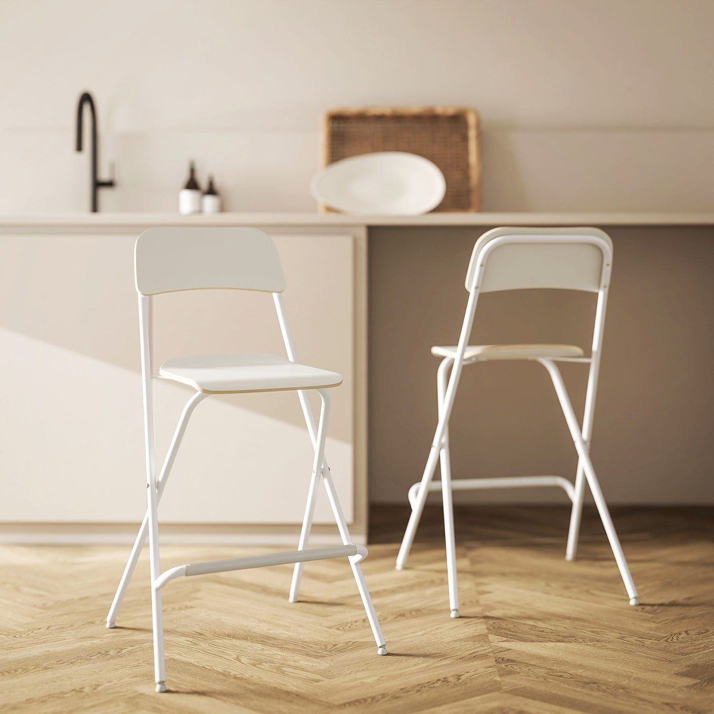Folding Bar Stools Set of 2, Counter Height Foldable Stool with Wooden Effect Seat and Steel Frame for Kitchen, White