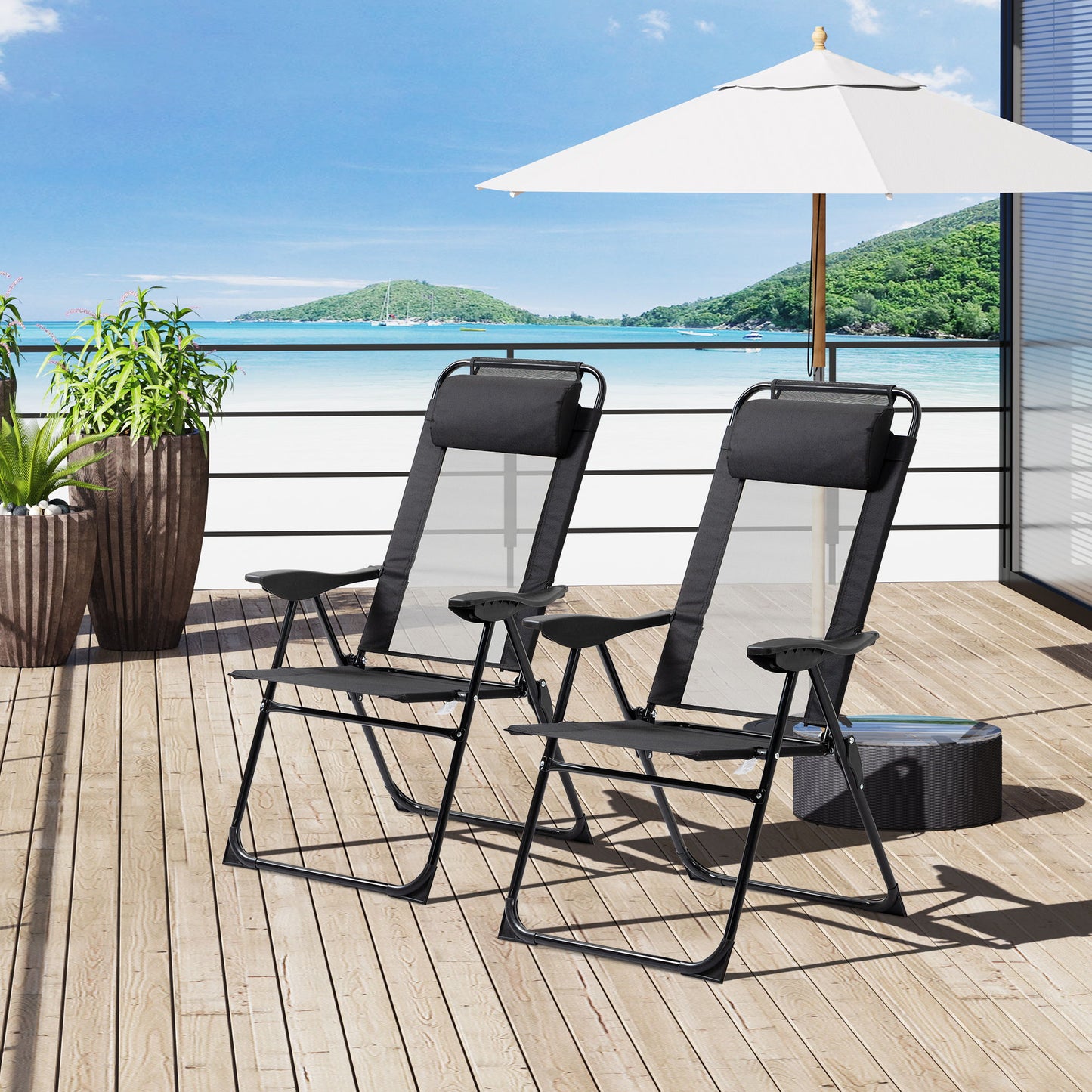 Double Camping Chairs Foldable w/ Reclining & Headrest, Black