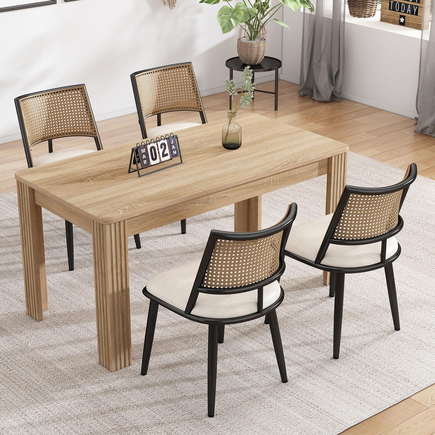 Set of 4 Modern Dining Chairs with PE Rattan Backrest, Ergonomic Side Chairs for Home or Restaurant, 19.5'' L x 19'' W x 31.5'' H, Black+Natural