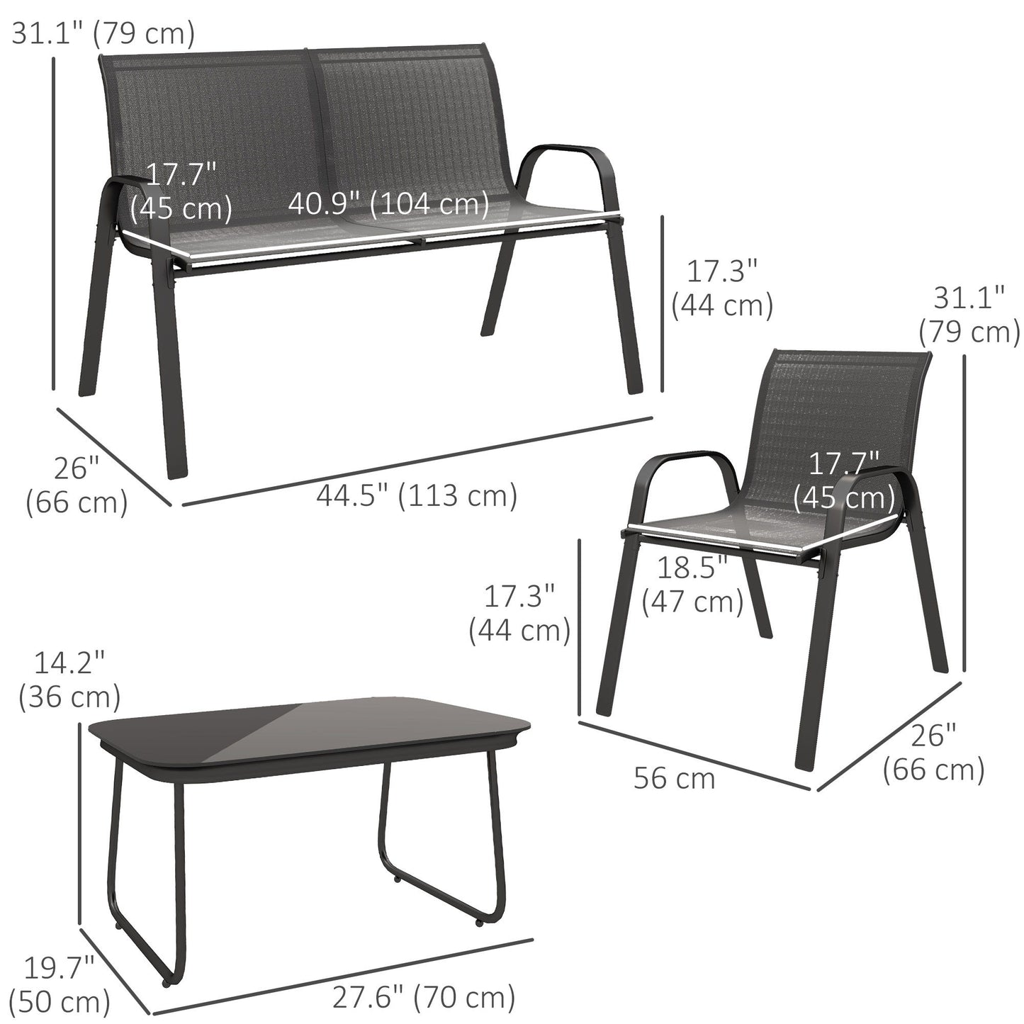 4 Pieces Outdoor Furniture Set with 2 Stackable Chairs, Loveseat, Patio Conversation Set with Glass Coffee Table, Black