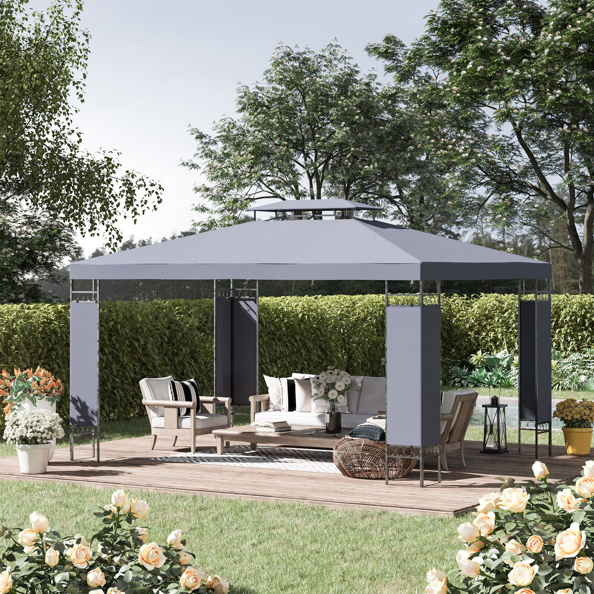 10' x 13' Outdoor Gazebo, Double Roof Patio Gazebo Canopy Shelter with Screen Decorate Corner Frame, Grey