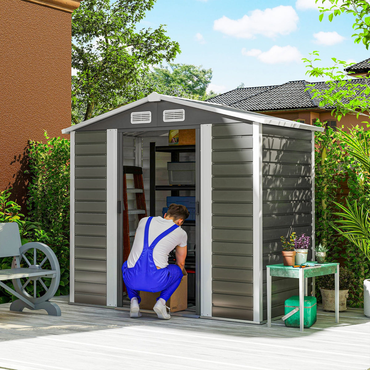 7' x 4' Outdoor Storage Shed, Metal Garden Shed with Lockable Doors and Gloves for Backyard, Garden, Patio, Dark Grey
