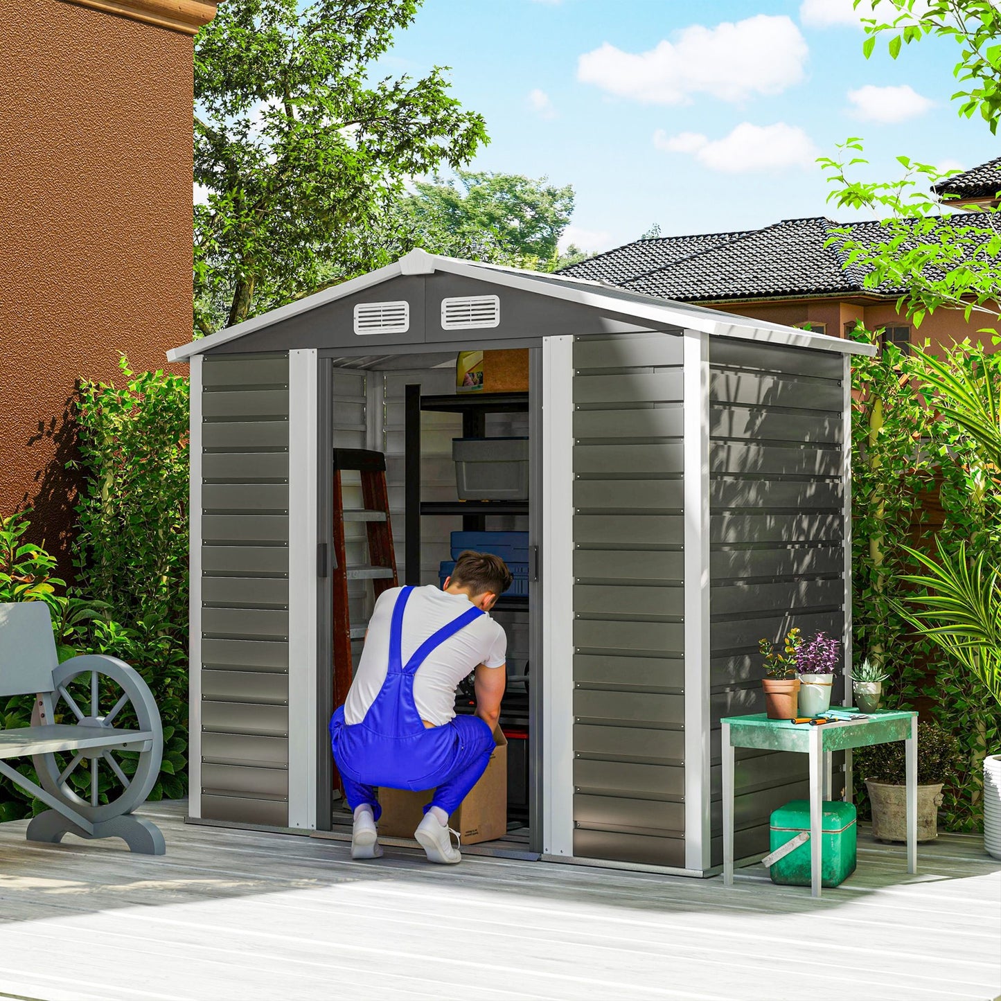 7' x 4' Outdoor Storage Shed, Metal Garden Shed with Lockable Doors and Gloves for Backyard, Garden, Patio, Dark Grey