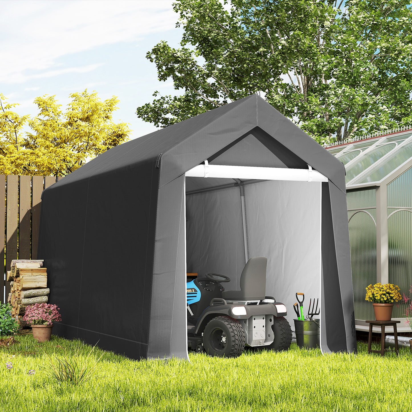 Outdoor Storage Shed Portable Garage with Roll-up Door for Motorcycle, Bike, Garden Tools, Beige