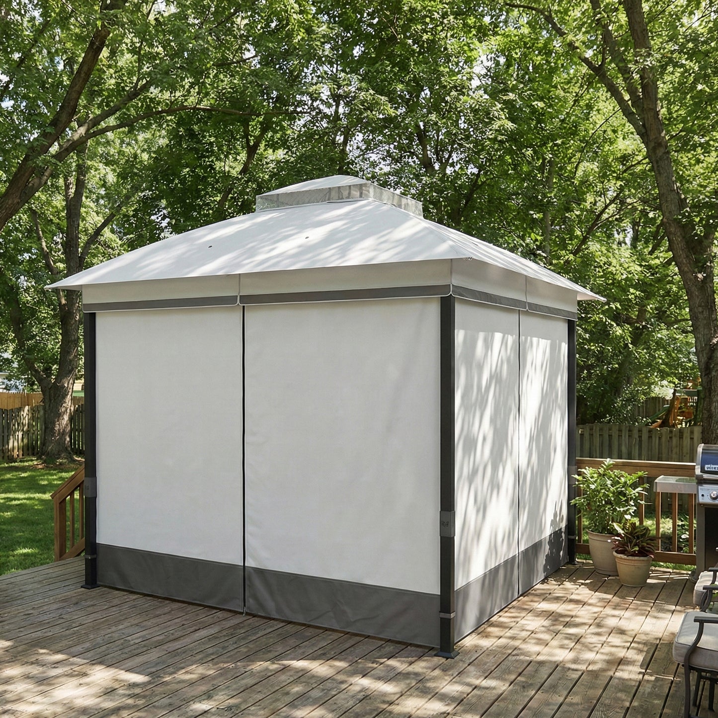 10' x 10' Patio Gazebo, UPF50+ Double Roof Outdoor Gazebo Canopy with Netting and Curtains, Steel Frame, Light Grey