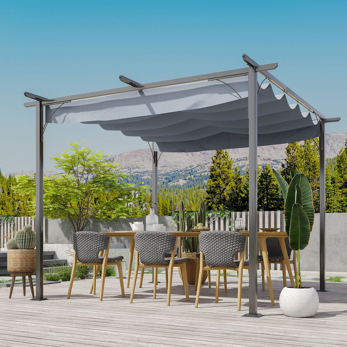 10' x 10' Outdoor Retractable Pergola Canopy, Metal Patio Shade Shelter for Backyard, Porch Party, Garden, Grill Gazebo, Grey