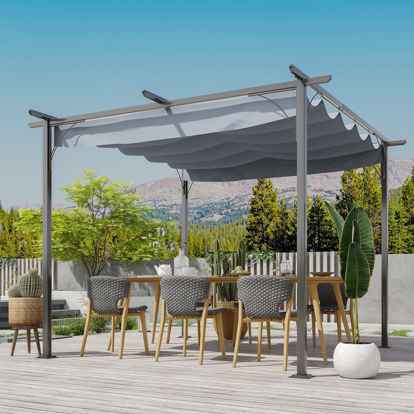 10' x 10' Outdoor Retractable Pergola Canopy, Metal Patio Shade Shelter for Backyard, Porch Party, Garden, Grill Gazebo, Grey