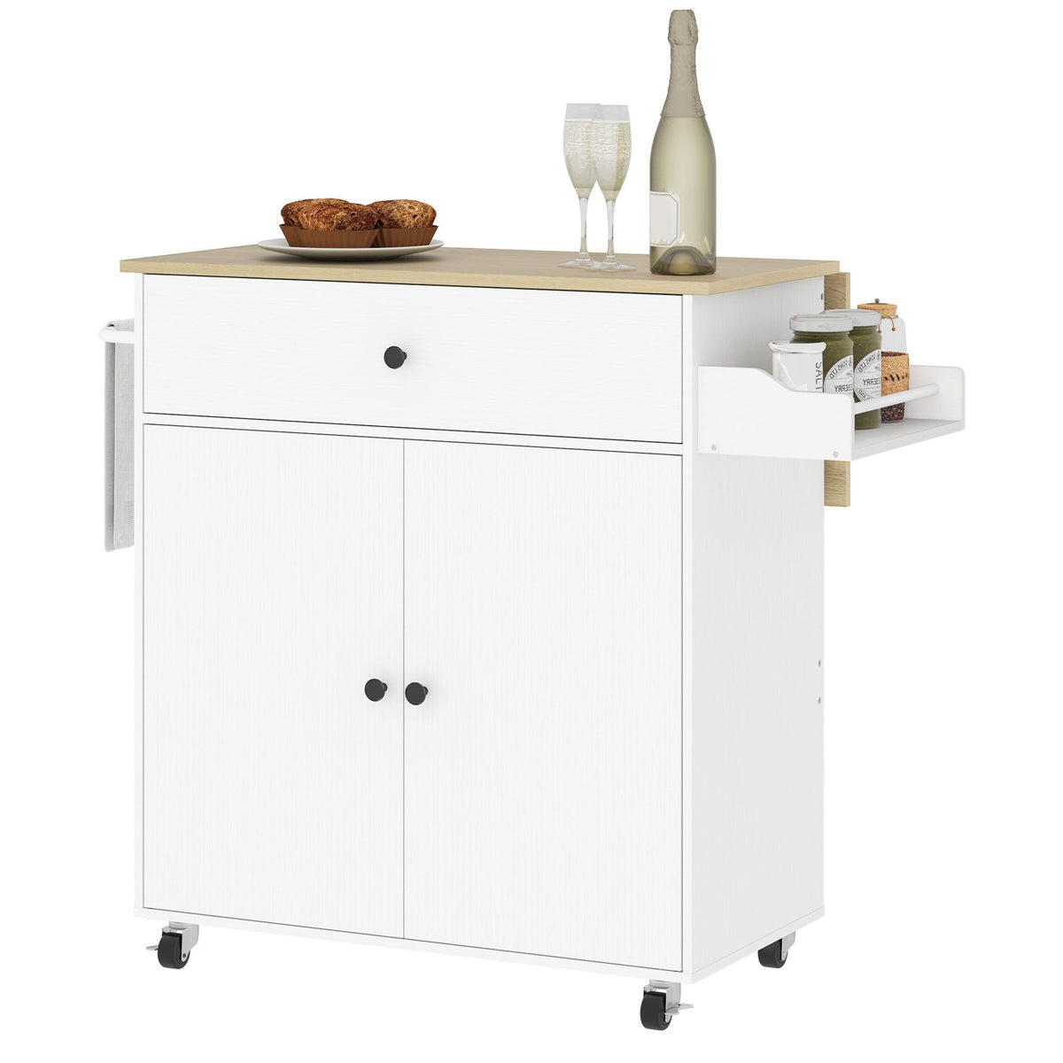 Rolling Kitchen Island with Drop Leaf and Drawer - White