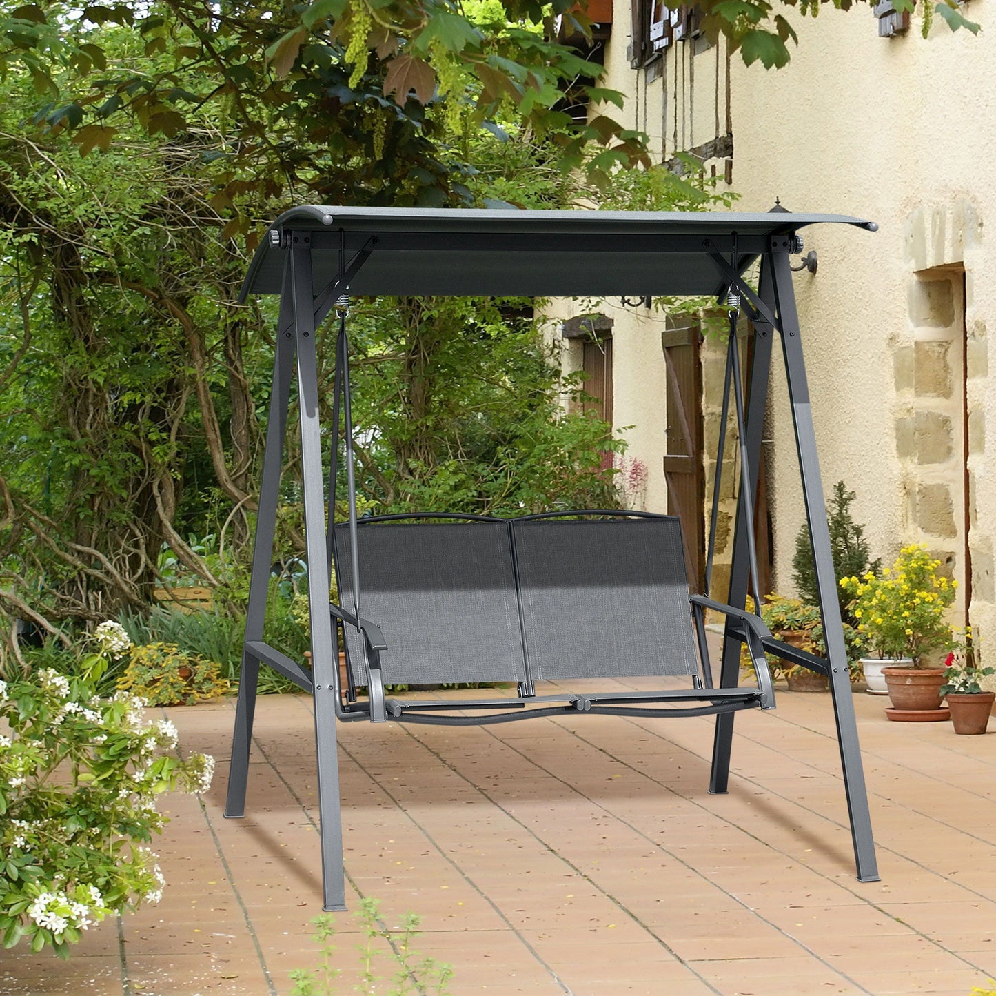 2-Seat Outdoor Porch Swing Patio Swing with Adjustable Canopy, Removable Seat and and Steel Frame for Garden, Poolside