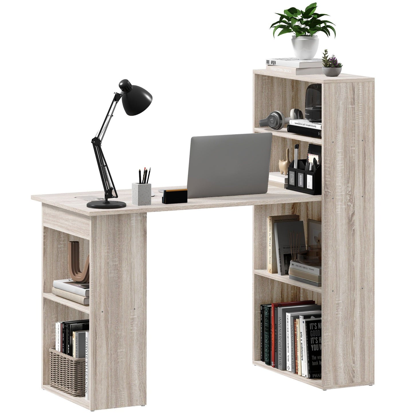 Computer Desk with Bookshelf Storage - Oak