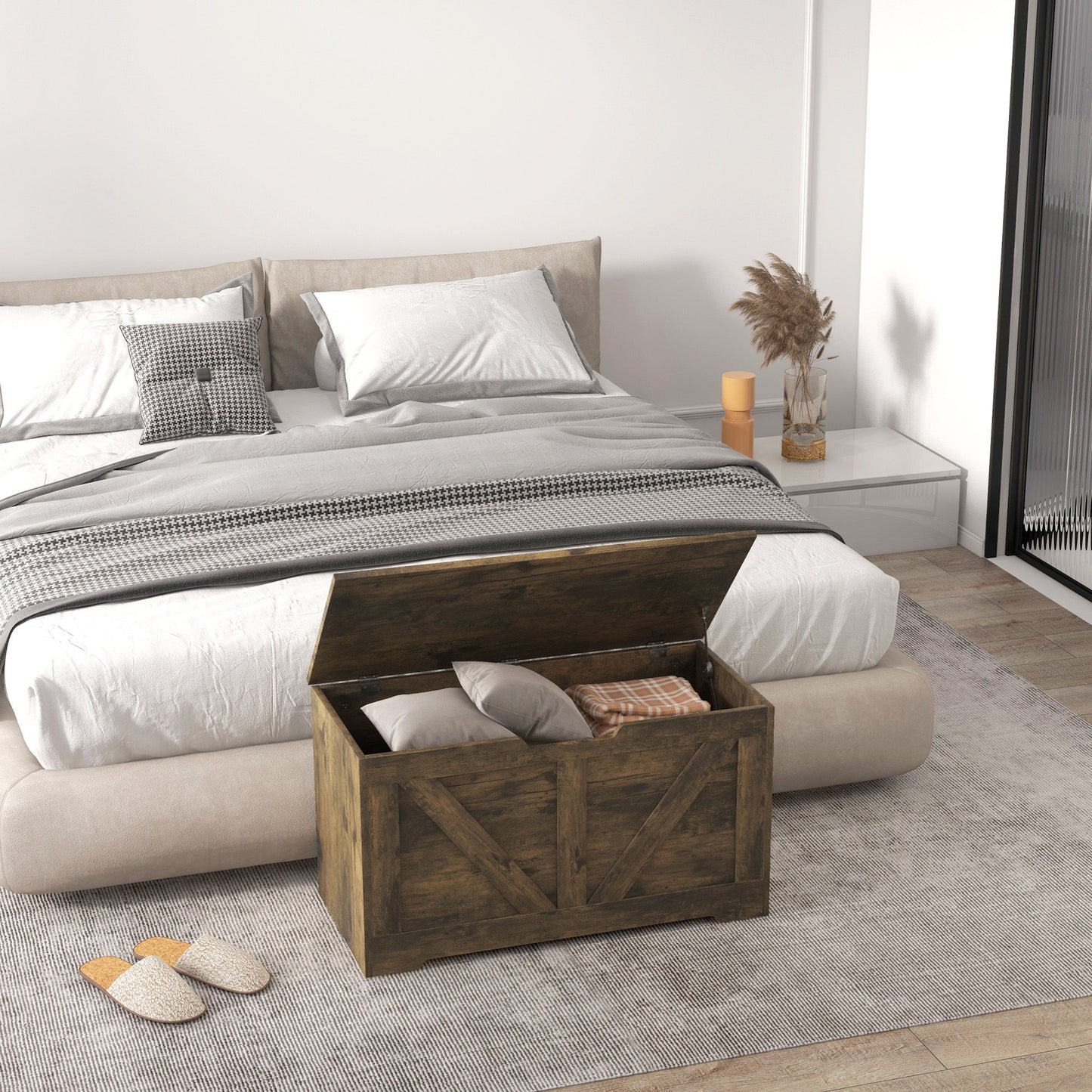 31.5 Inches Storage Chest, Storage Trunk with 2 Safety Hinges for Living Room, Brown Wood Grain