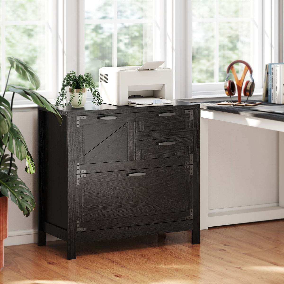 Lateral Filing Cabinet, Farmhouse File Cabinet with 4 Drawers, Fit Letter/A4/Legal Hanging Files, Black Wood Grain