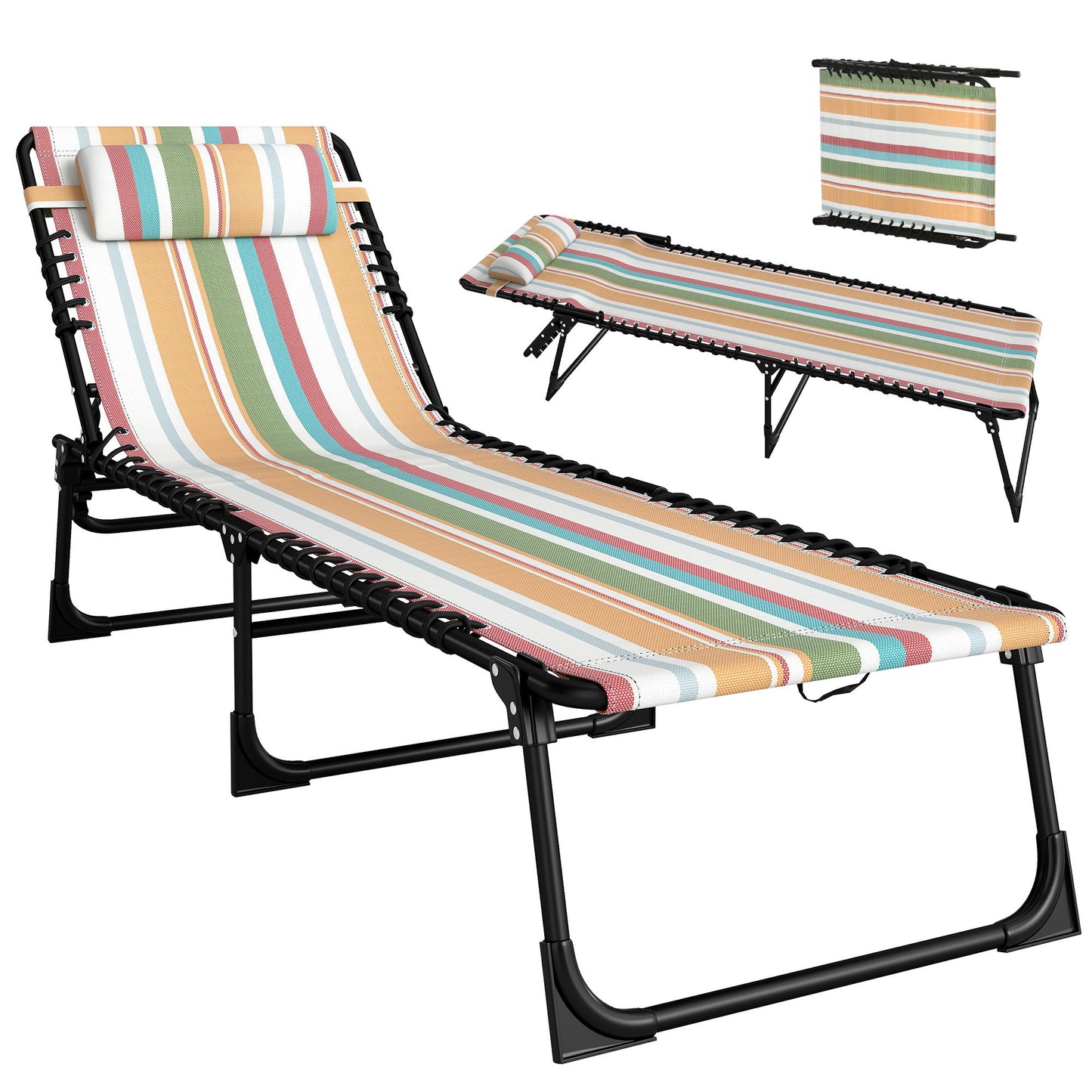 Outdoor Folding Lounge Chair, 4-Level Adjustable Chaise Lounge with Headrest, Tanning Chair Beach Bed, Reclining Lounger Cot for Camping, Hiking, Backyard, Multicoloured