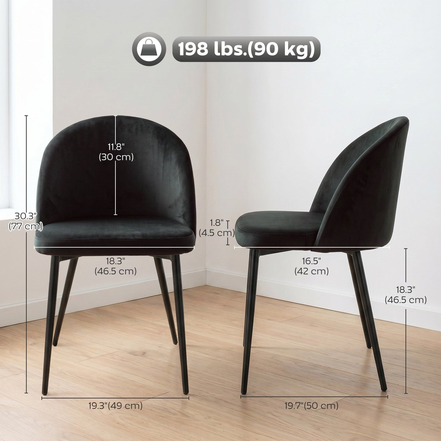 Mid-Back Velvet Dining Chairs Set of 2 - Black