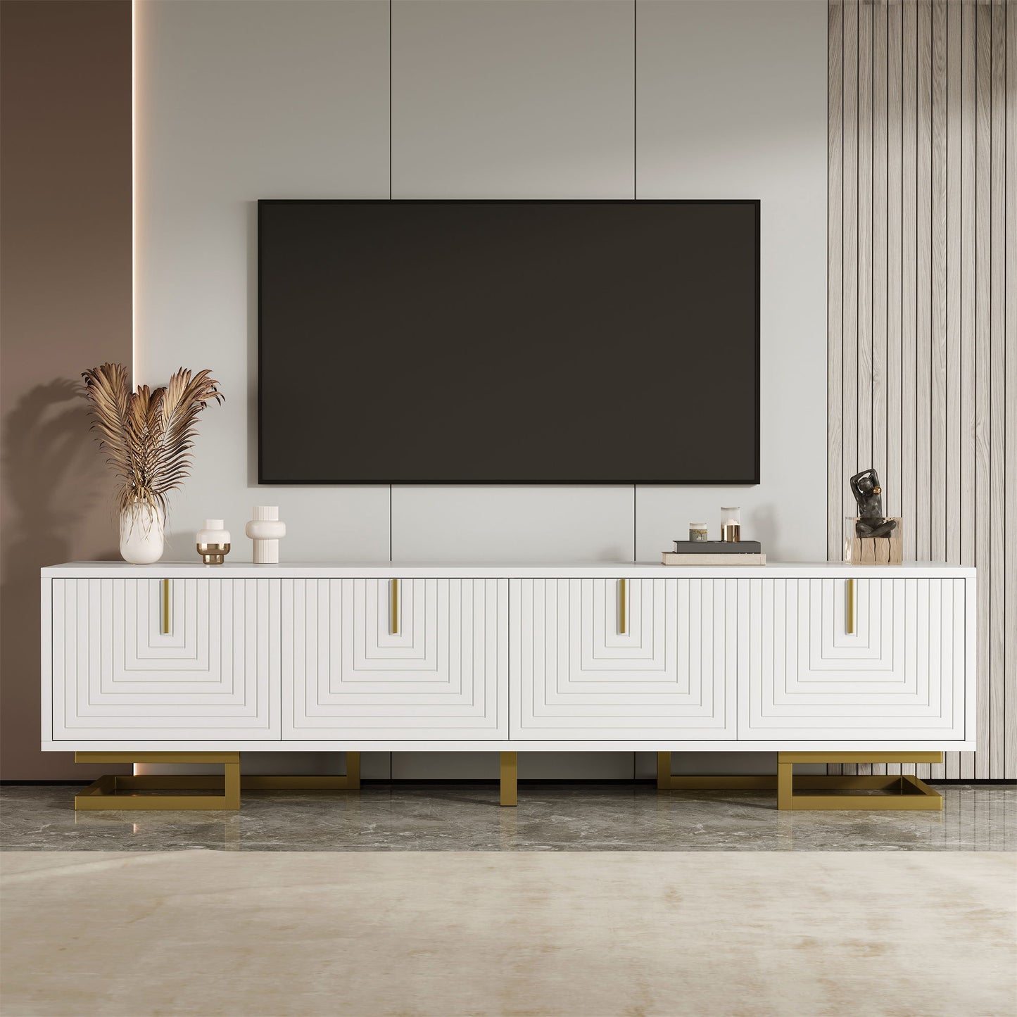 Modern TV Stand with Textured Doors, Gold Handles and Legs, Ample Storage Space, Easy to Install, 63" L x 15" W x 17.5" H, White