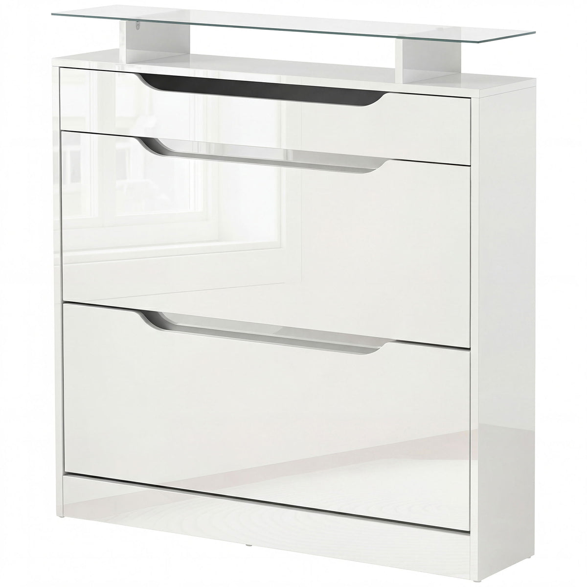 High Gloss Shoe Cabinet with 2 Flip Drawers and Adjustable Shelves, Narrow Shoe Storage Cabinet with Glass Top, White