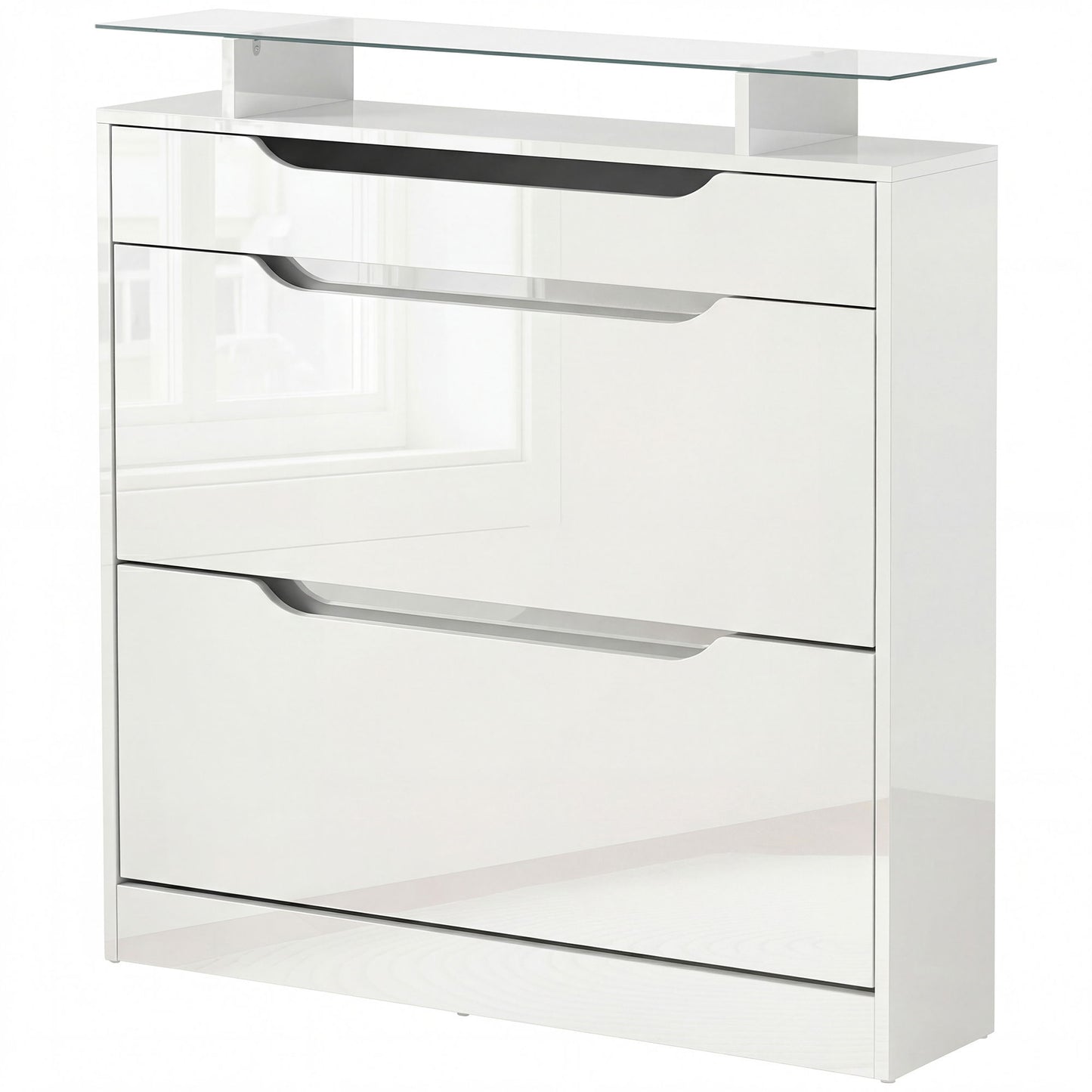 High Gloss Shoe Cabinet with 2 Flip Drawers and Adjustable Shelves, Narrow Shoe Storage Cabinet with Glass Top, White