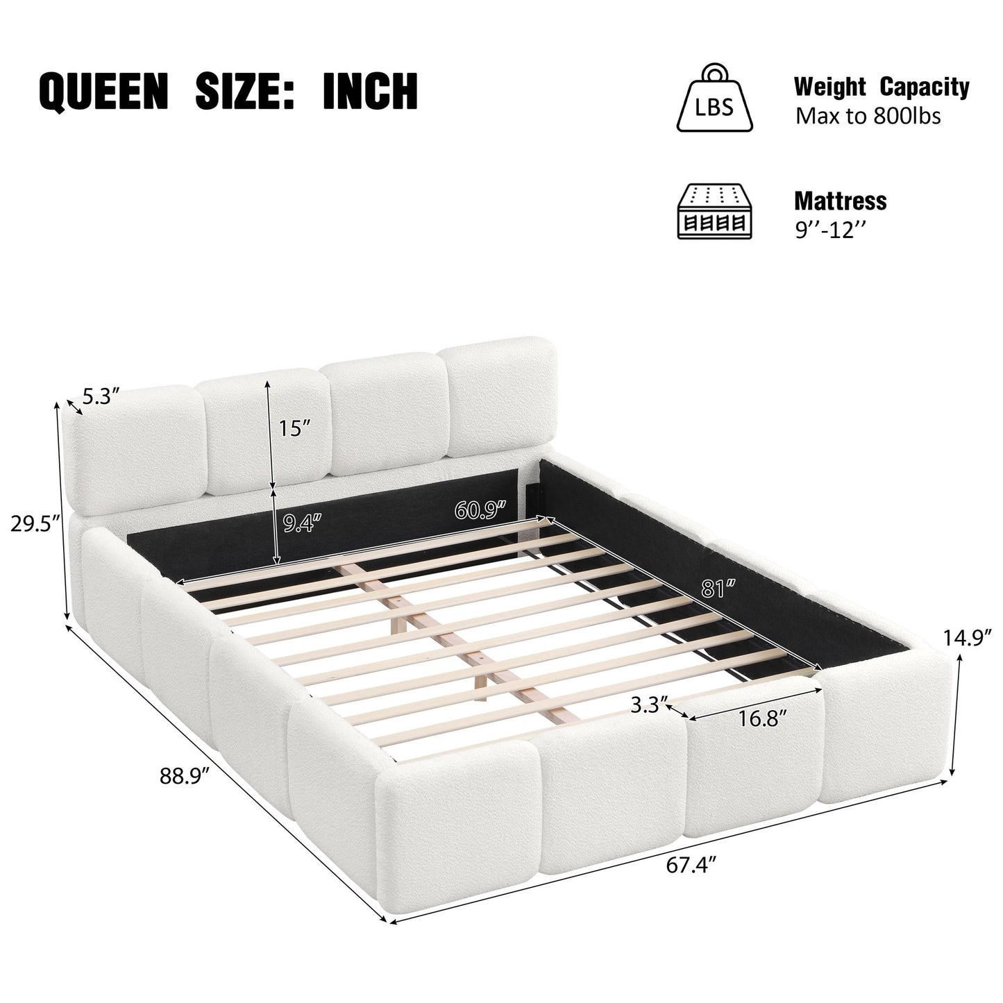 Queen Size Platform Bed with Padded Headboard, Embedded Mattress Retainer, Solid Bedboard with Wood Frame, 88.5'' L x 67'' W x 11.5'' H, White
