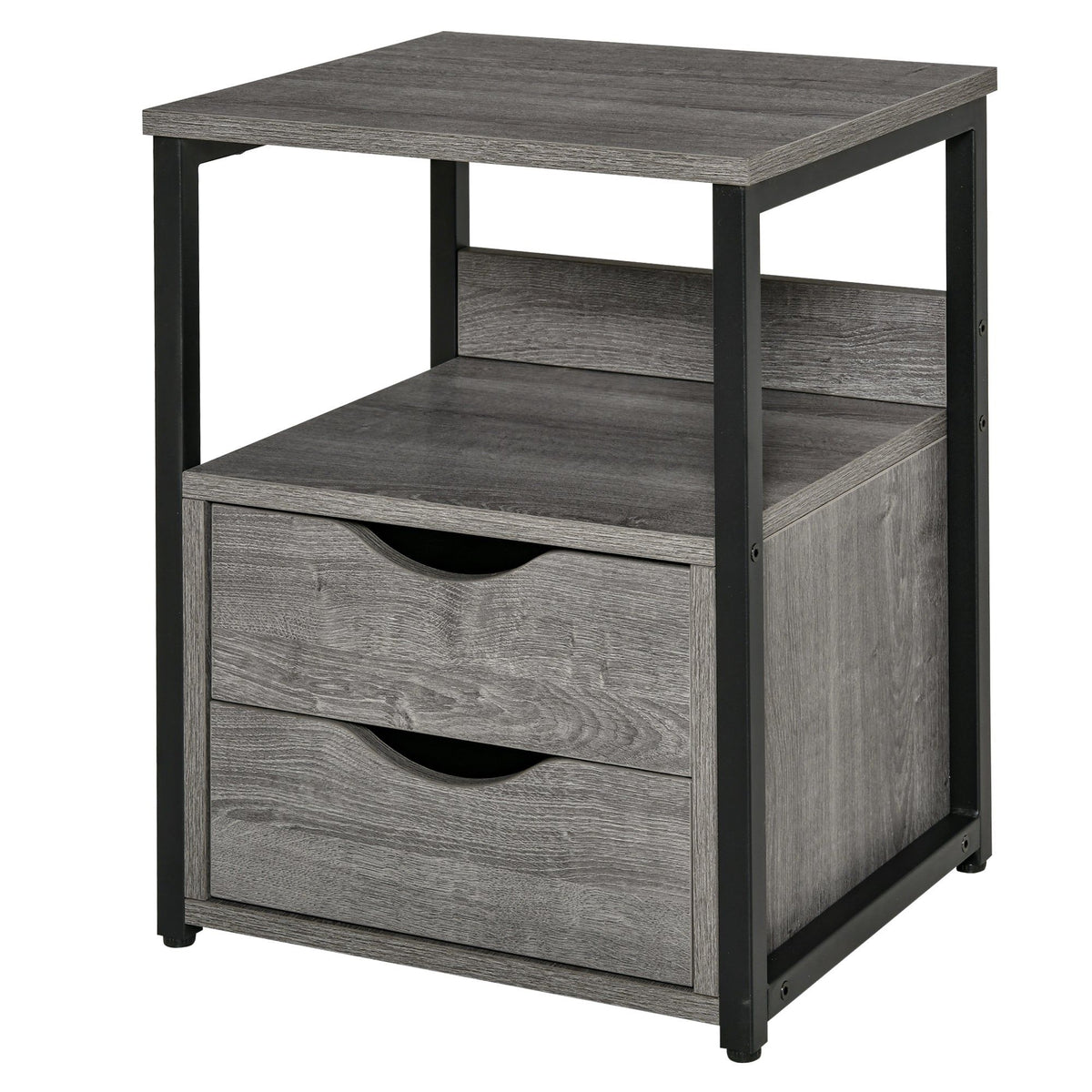 Industrial Nightstand with 2 Drawers and Shelf - Grey