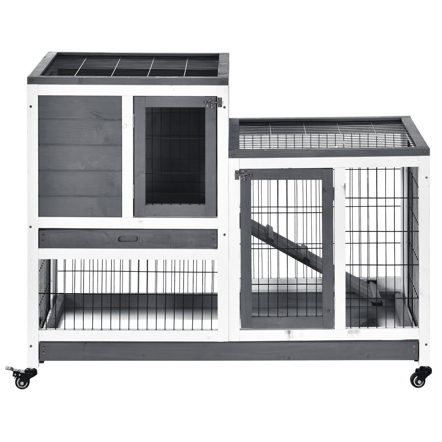 Wooden Rabbit Hutch, Indoor Bunny Cage with Wheels, Pull Out Trays, Run, Grey